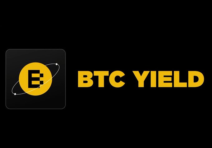 An icon with a yellow "E" and orbiting lines is shown next to the bold text "BTC YIELD," representing Binance's new covered call strategy for passive Bitcoin earnings. This visually complements the post by highlighting the core concept of earning yield on BTC.