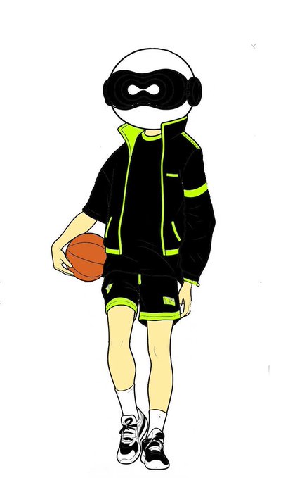 An illustration depicts a humanoid figure with a white spherical head wearing a black and neon green athletic outfit, holding a basketball.