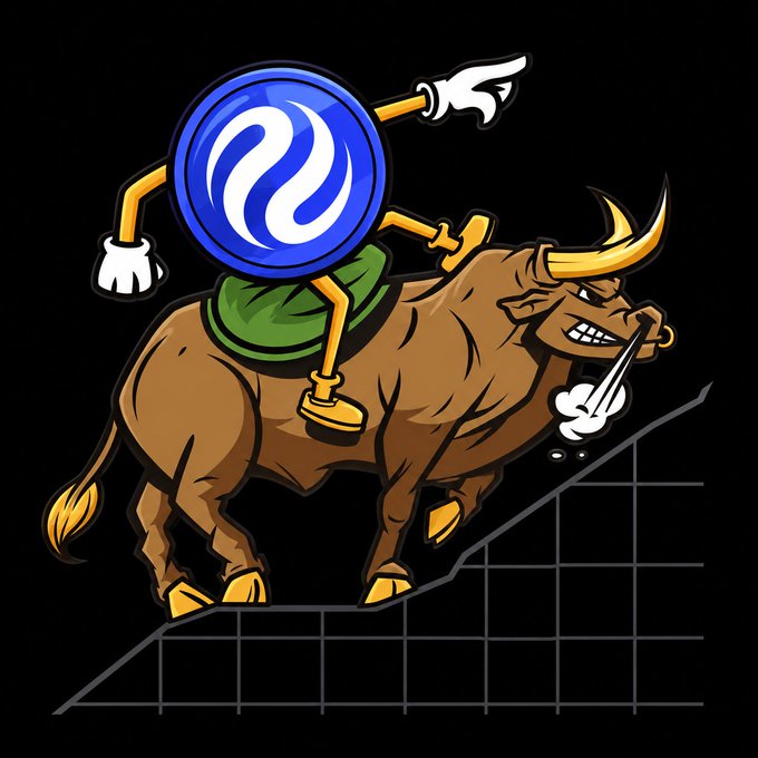 A digital illustration shows a blue logo coin character with arms and legs riding a brown, snorting bull up an ascending line graph, symbolizing a bull market.