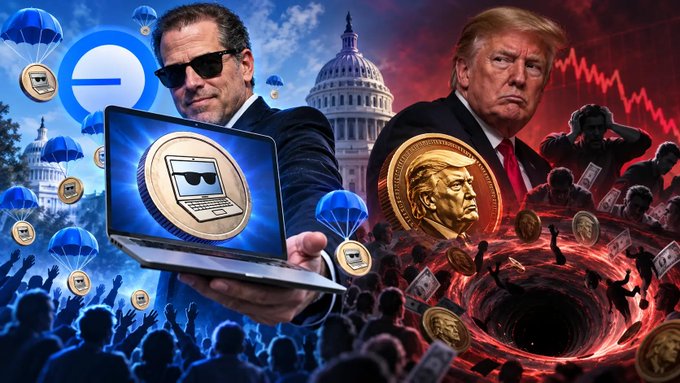 A political illustration features Hunter Biden holding a laptop with a 'B' logo on the left and Donald Trump with a gold coin on the right, set against a backdrop of the U.S. Capitol with falling parachutes and dollar bills.