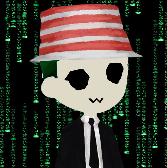 A cartoon-style illustration of a character wearing a red and white striped hat and a suit, set against a background of falling green Matrix-style digital code.
