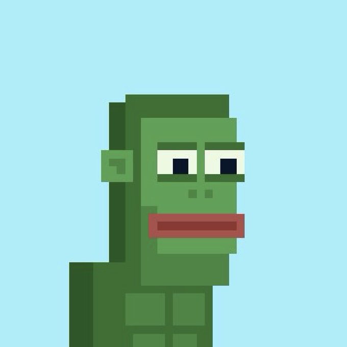 A pixel art rendering of a green-skinned character with large eyes and a wide red mouth against a light blue background.