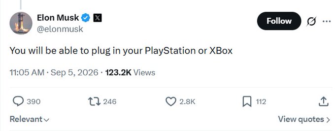 The image shows a tweet from Elon Musk (@elonmusk) with a verified checkmark, posted at 11:05 AM on Sep 5, 2026, gaining 123.2K views. The tweet reads, "You will be able to plug in your PlayStation or XBox," with 390 replies, 246 retweets, 2.8K likes, and 112 bookmarks, supporting the accompanying claim about Tesla gaming console compatibility.
