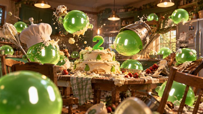 A chaotic birthday scene with green balloons scattered everywhere, a number '2' candle on a smashed cake, and a chef's hat in the middle of what appears to be a destroyed kitchen.