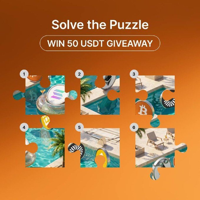 An orange promotional graphic titled "Solve the Puzzle - WIN 50 USDT GIVEAWAY" features six numbered jigsaw puzzle pieces depicting a luxurious pool scene with crypto coins (Bitcoin, Solana) and a lounge chair, inviting participants to reassemble the image for a chance to win cryptocurrency prizes in a social media contest.