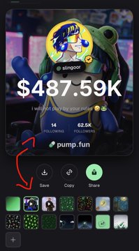 A mobile screenshot showing a stinger cryptocurrency profile displaying $487.59K with 14 following and 62.5K followers on pump.fun, with an arrow pointing to a green selection.