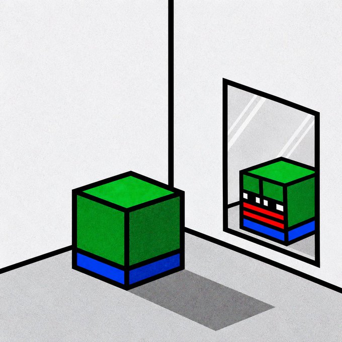 An illustration of a green cube with a blue base sitting in a white room, casting a shadow, with a mirror on the wall reflecting a more detailed version with red and blue layers.