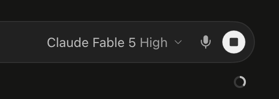 A dark-themed search/voice input bar showing the text 'Claude Fable 5 High' next to a microphone icon and a stop button.