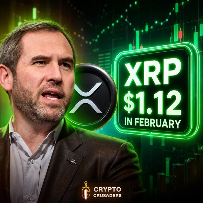 The image features a man wearing a suit, likely a businessman or a political figure, with a logo in his ear that reads "XRP $1.12 IN FEBRUARY!". The caption underneath the logo states "I predicted !" This implies that the man was correct about the price of XRP rising to $1.12 in February, which is being confirmed by the investors' perspective shown here in this post.
