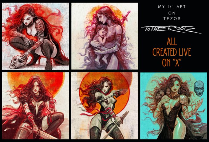 A promotional collage showcasing five original artworks by "ToTheRooTZ," featuring recurring red-haired female warrior and maternal figures rendered in striking painterly style, with text announcing "MY 1/1 ART ON TEZOS — ALL CREATED LIVE ON 'X'" to promote their limited 1/1 NFT collection available on the Objkt marketplace.
