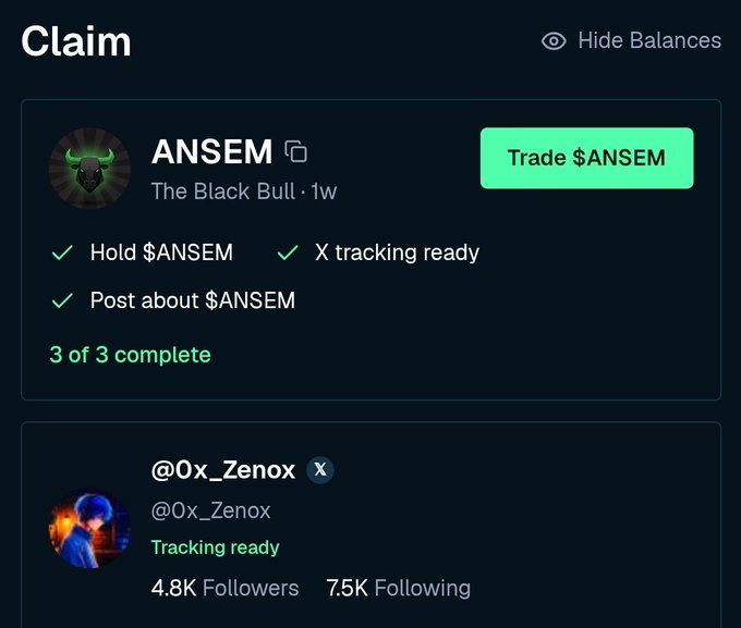 A screenshot of a crypto claim page showing a completed task list (Hold $ANSEM, X tracking ready, Post about $ANSEM) for user 'ANSEM' with a 'Trade $ANSEM' button, alongside a profile for @0x_Zenox.