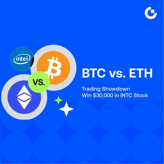 A promotional graphic for a "BTC vs. ETH Trading Showdown" offering a chance to win $30,000 in INTC (Intel) stock, featuring the Bitcoin, Ethereum, and Intel logos arranged around a "vs." badge against a blue background. The image visually represents the crypto trading competition where participants can earn Intel stock rewards through team battles and trading activities.