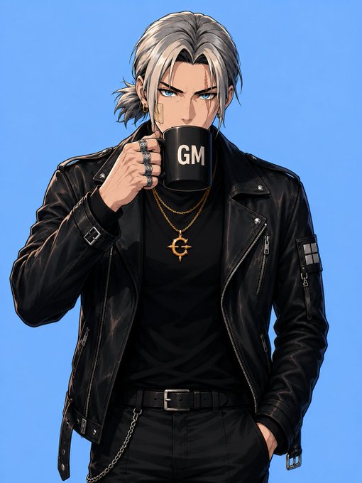 A silver-haired anime-style man in a black leather jacket drinks from a black mug labeled "GM" against a blue background, complementing the post's "GM 𝕏 FAM" Sunday greeting with a stylish, casual "good morning" vibe.