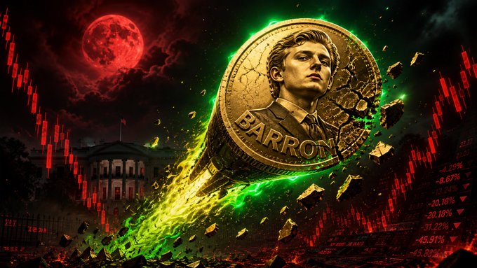 A digital artwork featuring a golden coin with a portrait labeled 'BARRON' set against a dramatic background with a red moon, the White House, and red stock market charts showing steep percentage drops.
