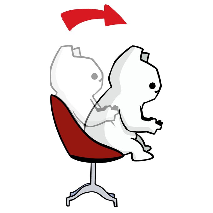 Chibi-style illustration of a small hooded figure sitting on a red office chair, with a red curved arrow pointing left indicating a backward action.