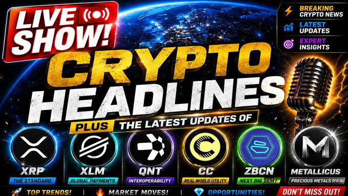 The image is a vibrant promotional graphic for a live crypto news show, featuring "LIVE SHOW! Crypto Headlines" in bold text against an Earth backdrop, with a vintage microphone and lightning effects. It highlights updates for XRP (The Standard), XLM (Global Payments), QNT (Interoperability), CC (Real World Utility), ZBCN (Next Big Gem), and METAL (Precious Metals RWA), promoting a YouTube live stream hosted by RobbMass, blackrue, and Crux_of_Crypto.