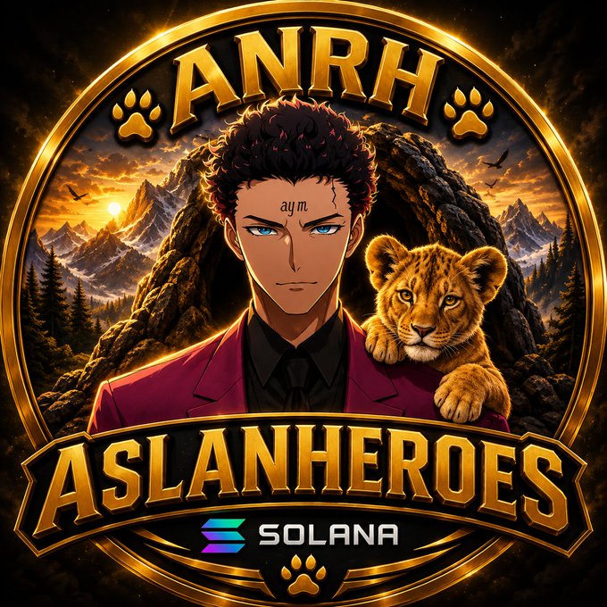 A circular gold emblem featuring an anime-style man in a burgundy suit alongside a lion cub, with text 'ANRH' at the top, 'ASLANHEROES' below, and a Solana logo at the bottom.