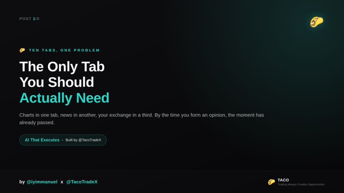 The image displays a dark-themed blog post titled "The Only Tab You Actually Need," tagged as "TEN TABS, ONE PROBLEM" and "POST 1/8," with a tagline addressing how crypto traders juggle charts, news, exchanges, and social feeds across multiple tabs. It features a "TACO" (The Algorithmic Creates Opportunities) logo in the corner, an "AI That Executes" button by @TacoTradeX, and credits the post to @iyimmanuel and @TacoTradeX—directly illustrating the post's argument that trading tools are fragmented across too many browser tabs.