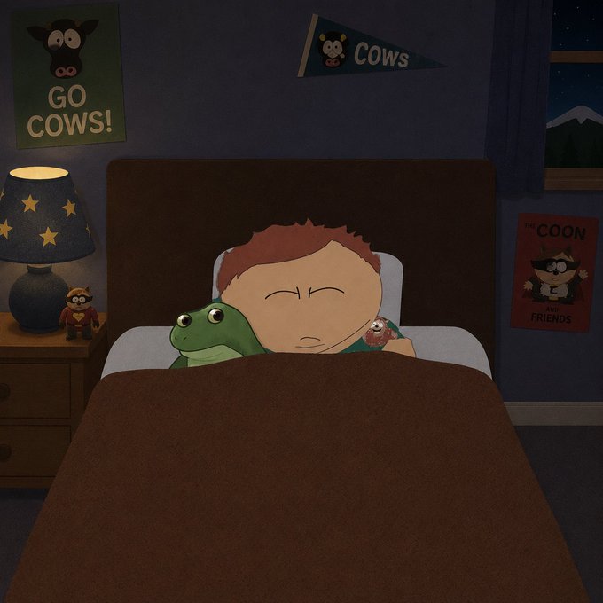 A child sleeps peacefully under a brown blanket holding a green frog and small red toy, in a bedroom decorated with "GO COWS!" and "COWS" pennant posters, a "THE COON AND FRIENDS" poster, and a star-patterned lamp. The cozy nighttime scene ties to the "Good night brothers and sisters" message, evoking a tender bedtime moment.