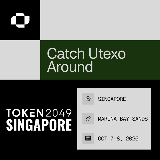 A promotional graphic for Token 2049 Singapore (Oct 7-8, 2026) at Marina Bay Sands, featuring the phrase 'Catch Utexo Around'.