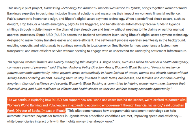 An article about a pilot project involving Women's World Banking, Pula, and Ripple's digital asset payment technology for women's financial resilience in Uganda, with a highlighted quote from Jonathan Perri about RLUSD supporting financial inclusion.