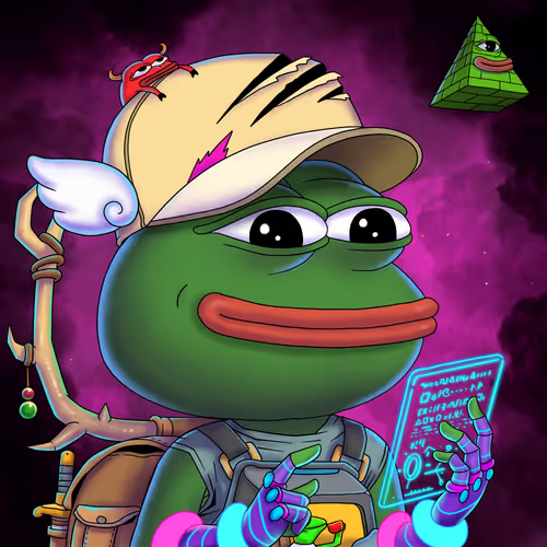 A digital illustration of a Pepe the Frog character wearing a cap with a small red creature on top, set against a purple background with a small pyramid graphic and a holographic card.