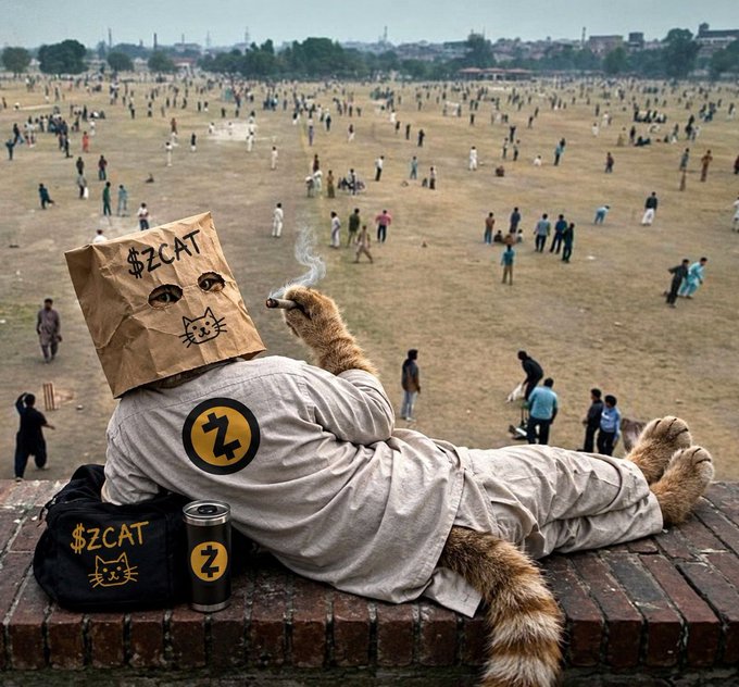 An image of a person in a cat costume with a paper bag over their head featuring a drawn cat face and '$ZCAT', lounging on a brick ledge overlooking a cricket field with a bag and thermos branded with the $ZCAT logo.