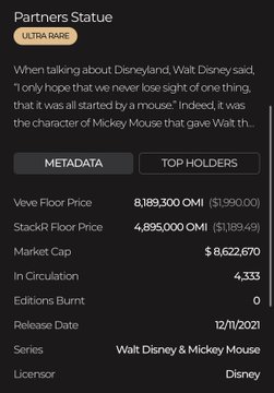 A screenshot of a Veve Partners Statue for Walt Disney and Mickey Mouse showing an OMI floor price of 8,189,300 (~$1,990), market cap of $8,622,670, and only 4,333 in circulation—illustrating the scarcity and value supporting the post's claim of major growth ahead for Veve and $OMI.