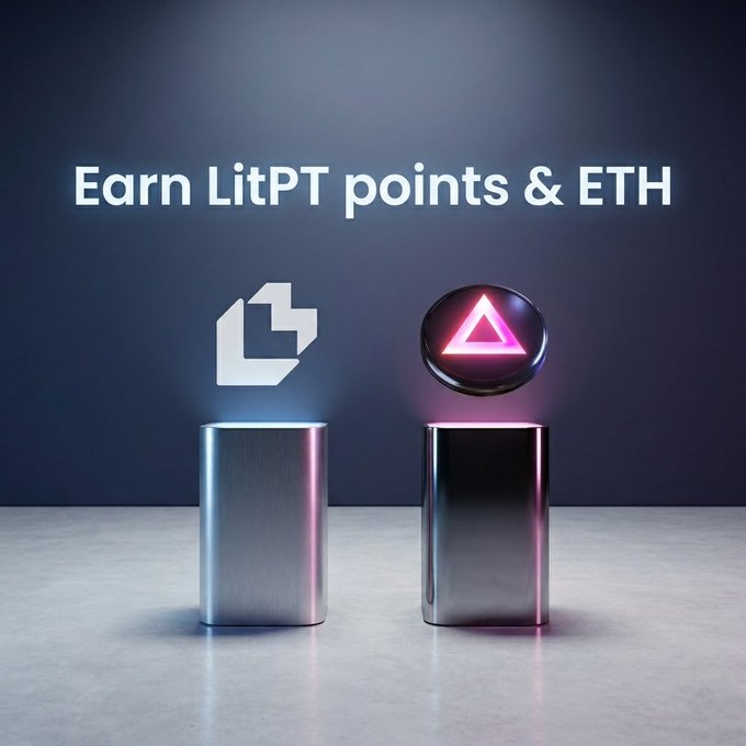 The image features two silver cubes placed side by side, with a pink triangle floating above them. The text "Earn LitPT Points & Ether" is displayed below the cubes, indicating that these cubes are part of an earning system for Litecoin users.