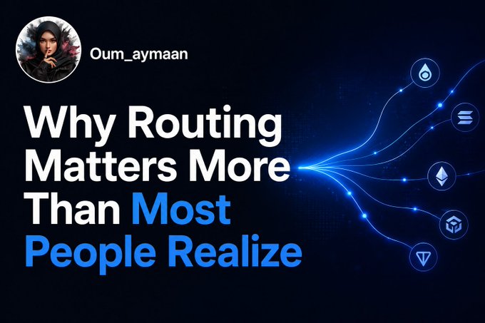 A dark thumbnail-style graphic with the user 'Oum_aymaan' and the title 'Why Routing Matters More Than Most People Realize' next to blue glowing blockchain network icons.