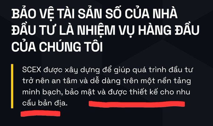 The image displays a slogan from the SCEX exchange website stating "BẢO VỆ TÀI SẢN SỐ CỦA NHÀ ĐẦU TƯ LÀ NHIỆM VỤ HÀNG ĐẦU CỦA CHÚNG TÔI" (Protecting investors' digital assets is our top priority), with a red underline highlighting the phrase "nhu cầu bản địa" (local needs) in the description below, directly pointing to the viewer's confusion about what that term means in this context.