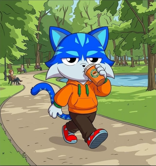 The image features a cartoon cat walking down a path while holding an orange drink, possibly a coffee or tea. In the background, there are people sitting on benches enjoying their time at the park. The caption of the image reads "Good morning $Toshi famz", which is likely a reference to the character Toshi from the popular animated series "$Toshi famz".