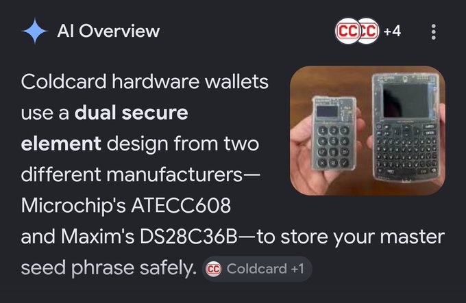An AI Overview text explains that Coldcard hardware wallets use a dual secure element design from Microchip's ATECC608 and Maxim's DS28C36B to store master seed phrases safely, alongside an image of two Coldcard devices.