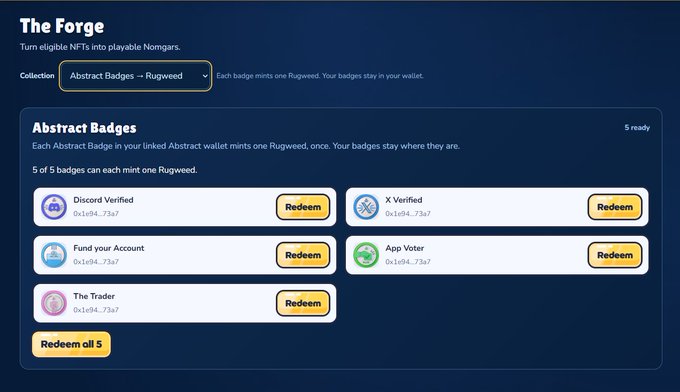 A screenshot of a web page titled 'The Forge' showing a redemption interface. It displays a collection dropdown set to 'Abstract Badges → Rugweed' and five badge options (Discord Verified, Fund your Account, The Trader, X Verified, App Voter), each with a 'Redeem' button.