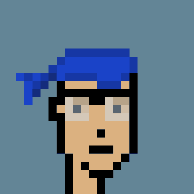 An upscaled version of a pixel art image showing a face with a blue bandana, pale eyes, and a small goatee on a solid blue background.