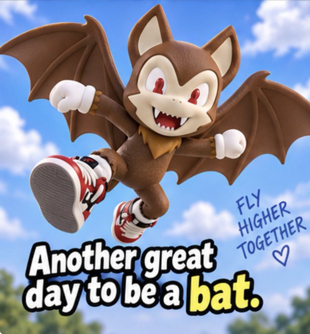 A 3D-rendered cartoon bat character with brown fur, large wings, and red sneakers flying against a blue sky, with text reading 'Another great day to be a bat.' and 'FLY HIGHER TOGETHER ♡'.