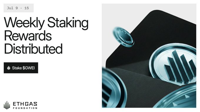 A promotional graphic from 'ETHGAS FOUNDATION' announcing 'Weekly Staking Rewards Distributed' (Jul 9-15) with a 'Stake $GWEI' button.
