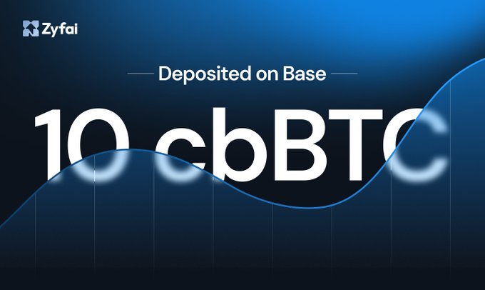 A ZyFAI promotional graphic with the text 'Deposited on Base' and '10 cbBTC' displayed against a dark blue background with wavy lines.