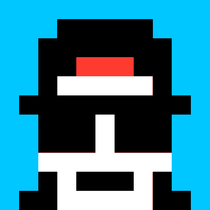 A pixel-art character in black with white shorts, white wristbands, and a red visor stands against a bright blue background. The blocky, retro style complements the accompanying token link for the HBDETH artwork on networked.art.