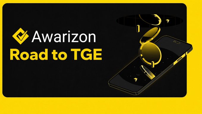 The image is a promotional banner for "Awarizon - Road to TGE," featuring the brand's logo alongside a stylized graphic of a smartphone with golden coins emerging from its screen, symbolizing the upcoming Token Generation Event. The black and yellow color scheme aligns with Awarizon's branding and visually reinforces the post's theme of transitioning from Testnet to the next phase of the ecosystem.