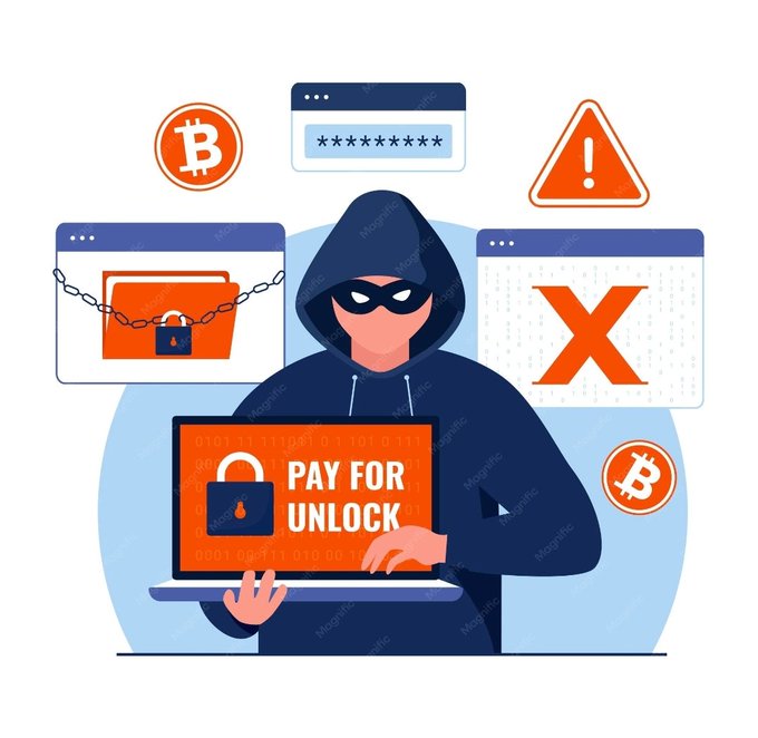 An illustration of a hooded hacker behind a laptop displaying 'PAY FOR UNLOCK' with a padlock, surrounded by icons of Bitcoin, a locked folder, a warning sign, and a password field.