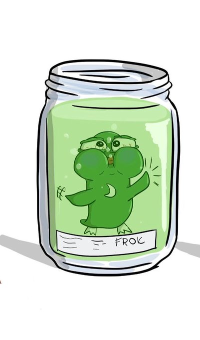 A digital illustration of a green frog character inside a glass jar filled with green liquid, labeled 'FROG' on the jar's label.
