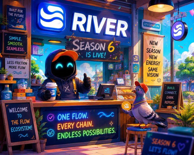 The image depicts a vibrant, futuristic storefront labeled "RIVER" with a banner announcing "SEASON 6 IS LIVE!" featuring a hooded mascot with glowing blue eyes and a cap giving a thumbs-up behind a counter, alongside a pigeon wearing a red cap holding a coin. Signs around the shop reinforce the messaging, including "ONE FLOW. EVERY CHAIN. ENDLESS POSSIBILITIES," "SIMPLE. SMOOTH. SEAMLESS," and "WELCOME TO THE FLOW ECOSYSTEM!" — visually illustrating the post's emphasis on frictionless, intuitive crypto experiences that eliminate the hassle of bridging networks and juggling multiple chains, which is exactly what River's "flow ecosystem" appears designed to solve.