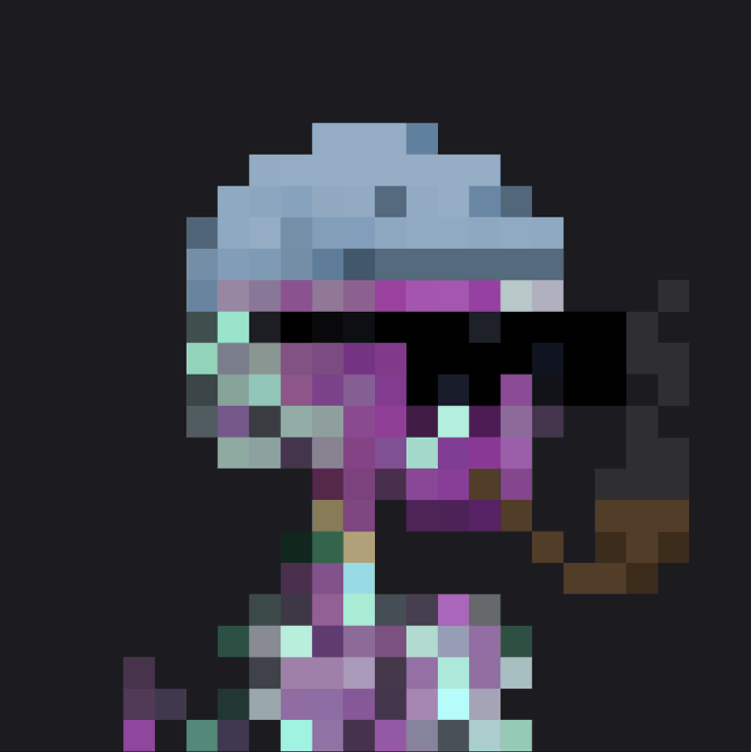 A pixel art figure resembling a skeleton-like character in a blue cap and purple body, appearing to hold a brown staff or rifle, embodying the digital, blockchain-native aesthetic described in the post about Ack's Argonauts as an entirely new category of evolving, blockchain-exclusive art.
