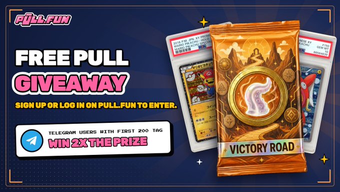 A 'Pull.Fun' giveaway advertisement offering a 'FREE PULL GIVEAWAY' with a 'Victory Road' card pack shown, instructing users to sign up or log in, with a Telegram bonus offer.