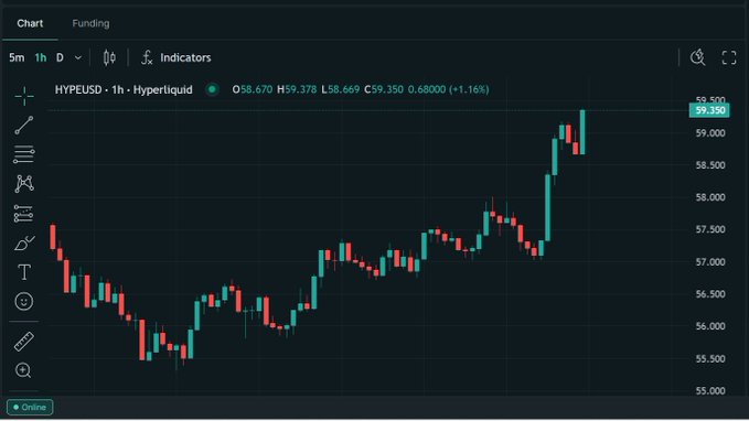 A 1-hour candlestick chart of HYPEUSD on Hyperliquid showing a bullish trend, with current price at 59.350 (+1.16%), having risen from around 55.500 to peak near 59.500.