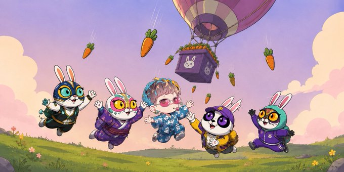 The image features a cartoon depiction of six cute little rabbits dancing around an inflatable hot air balloon filled with carrots as they move across a field. The text accompanying the illustration mentions that there are 10 WLs, and the time displayed indicates that it is 22:00 in Beijing, China, which is tomorrow at 12:00 pm. The post also provides details about the price of the artwork for $0.89 and encourages users to follow @BurrowzNFT with a caption or share the image on social media platforms at the specified time to support the artist.