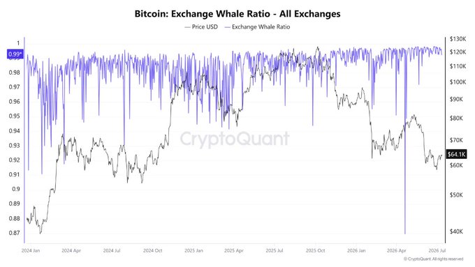 The image is a CryptoQuant chart titled "Bitcoin: Exchange Whale Ratio - All Exchanges," showing the Exchange Whale Ratio (in blue) currently at 0.99, plotted against BTC's price in USD (black line, currently around $64.1K) from January 2024 to mid-2026. The chart supports the post's claim by visually highlighting that the ratio has spiked to 0.99, meaning whale-driven exchange inflows dominate activity—a notable signal given BTC's recent price decline from highs near $120K.