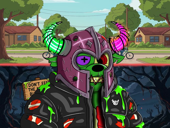 A digital illustration of a green-skinned character wearing a purple helmet with glowing pink and green spiral horns, a leather jacket with glowing green slime details, set against a split background of a peaceful suburban street and a dark, eerie underworld.