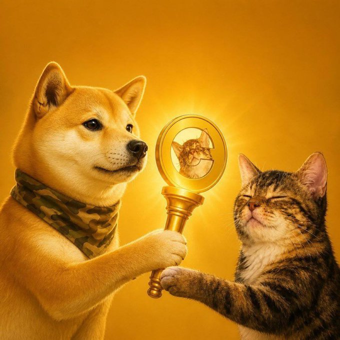 A Shiba Inu wearing a camouflage bandana and a tabby cat jointly hold up a glowing golden magnifying glass revealing a Shiba Inu face emblem, symbolizing the Dogecoin and cat-themed crypto rivalry referenced by the caption "Cate stays up, much more meow!" — a playful nod to the classic Dogecoin slogan.